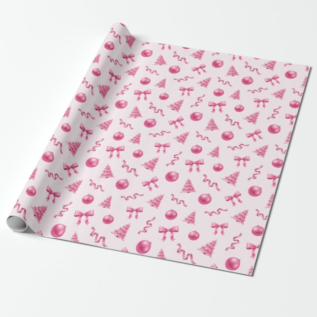 Papel De Presente Coquette Christmas Pink Ornaments and Bows (Desenrolado)
