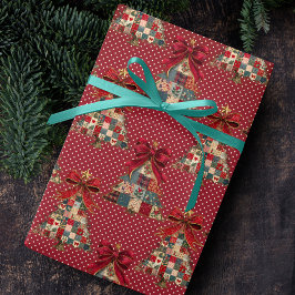 Papel De Presente Coquette patchwork christmas trees red polka dots
