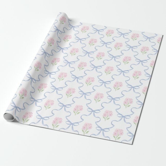 Papel De Presente Coquette Pink Forget-Me-Nots Blue Bow Trellis (Desenrolado)