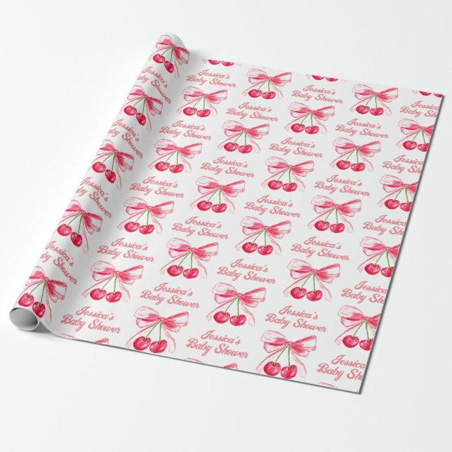 Papel De Presente Coquette Rubor Laço Rosa Cereja Bebê Menina Chá de (Desenrolado)
