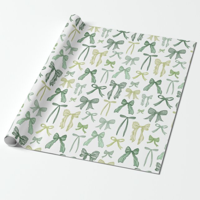 Papel De Presente Coquette Sage Green Bows (Desenrolado)