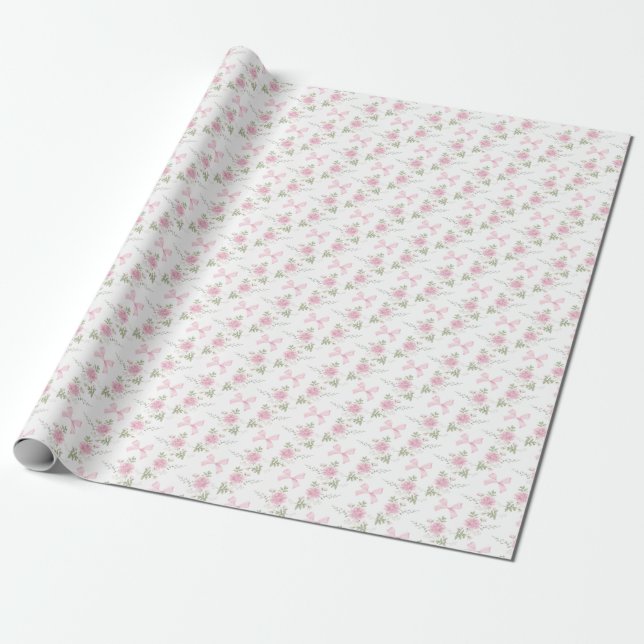 Papel De Presente Coquette Toile De Jouy Pink Bow Wrapping Paper (Desenrolado)