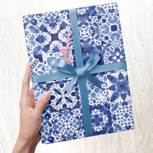 Papel De Presente Cor da Água do Padrão do Azulejo Branco Azul do Me