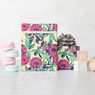 Papel De Presente Cor da Água Inspida Rosa + Floral Botânico Verde