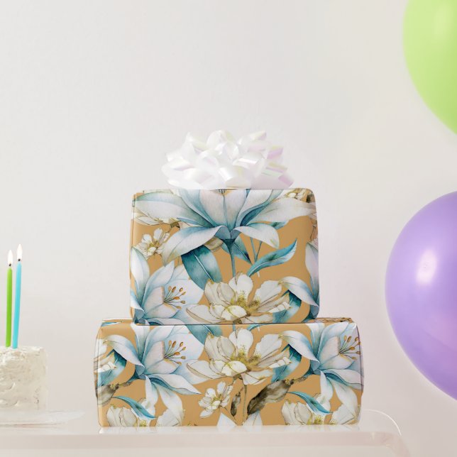 Papel De Presente Cor d'água botânica, azul, branco, amarelo, lírio  (Presentes para festas)