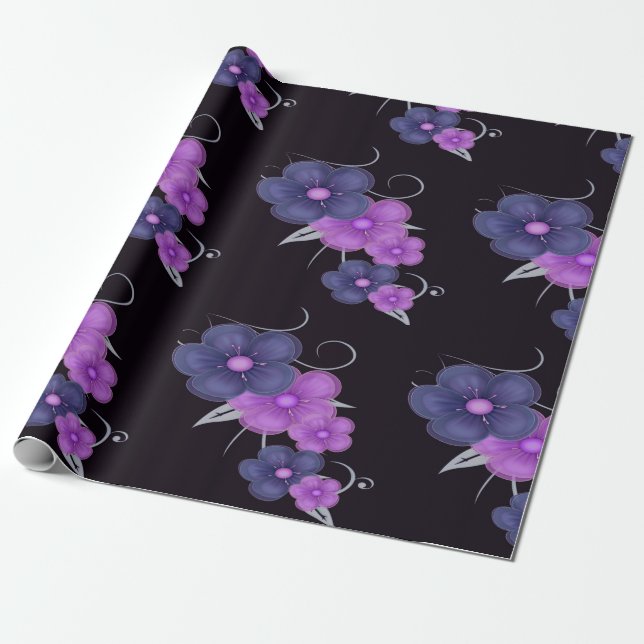 Papel De Presente cor d'água preto púrpura floral (Desenrolado)