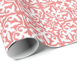 Papel De Presente Cor damasco de Ikat - cor-de-rosa coral e branco