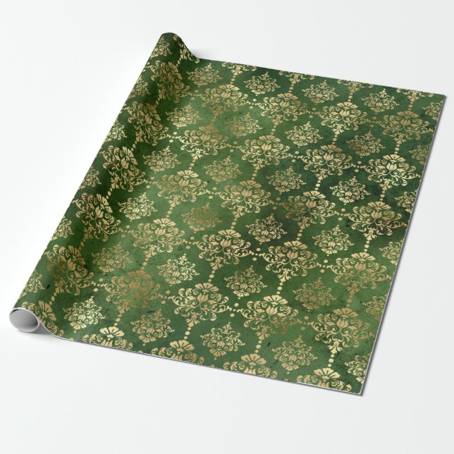 Papel De Presente Cor damasco de Natal Elegante verde e dourada (Desenrolado)