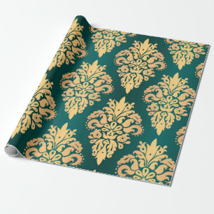 Papel De Presente Cor damasco Dourada Clássica Elegante Verde Teal