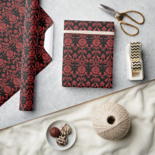Papel De Presente Cor damasco Floral Vermelho Negrito em Preto