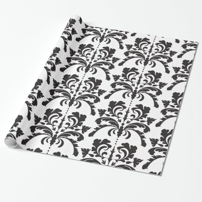 Papel De Presente Cor damasco preto e branco (Desenrolado)