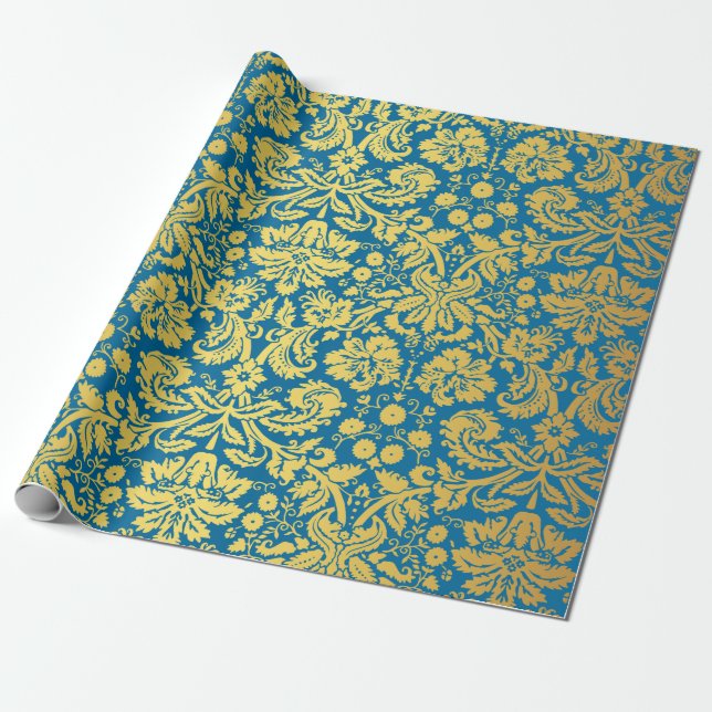 Papel De Presente Cor damasco real azul e Dourado elegante (Desenrolado)