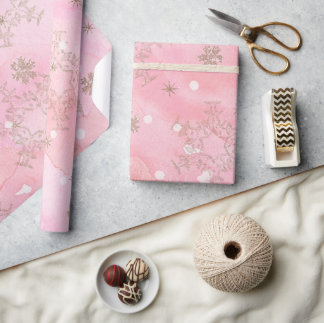 Papel De Presente Cor de água rosa com flocos de neve ouro brilhante