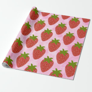 Papel De Presente Cor de Água Rosa Padrão de Morango Vermelho Mode