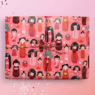 Papel De Presente Cor-de-rosa Kokeshi japonês ilustrado