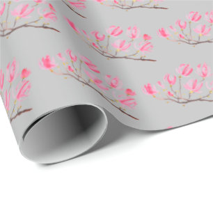 Papel De Presente Cor de rosa Magnolia floral com aquarela elegante