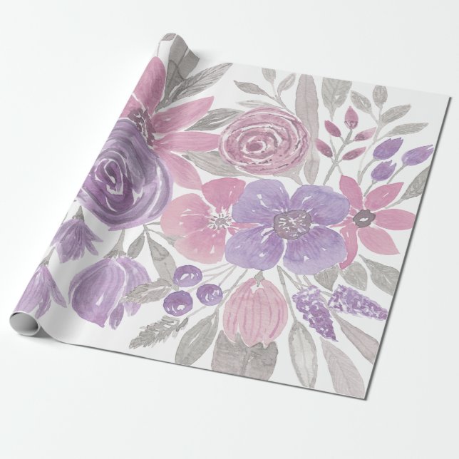 Papel De Presente Cor Verde Floral Verde Púrpura Rosa (Desenrolado)