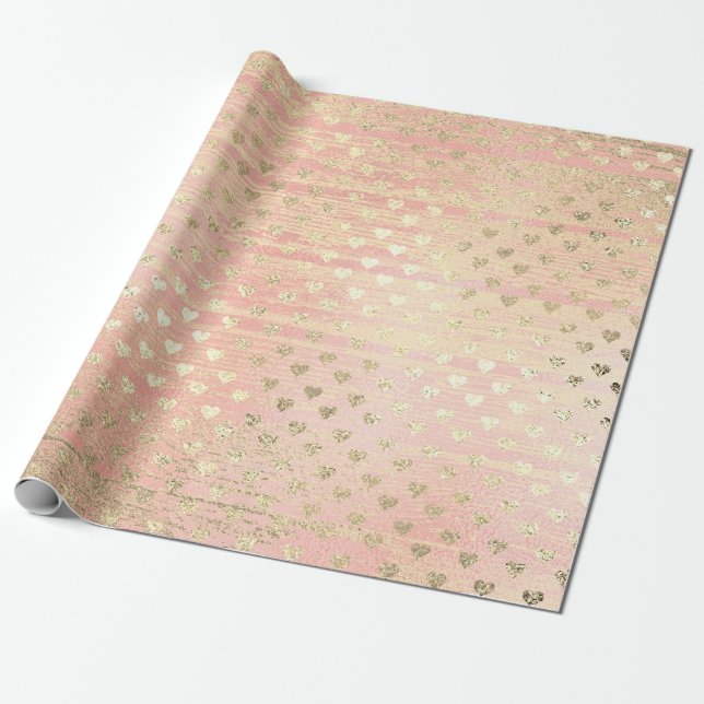Papel De Presente Coração Confetti Metálico Shabby Dourado Mão Rosa  (Desenrolado)