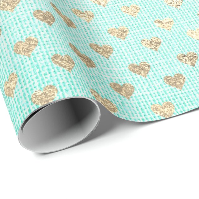 Papel De Presente Coração Confetti Tiffany Metálica Aqua Dourada Lin (Ponta do rolo)