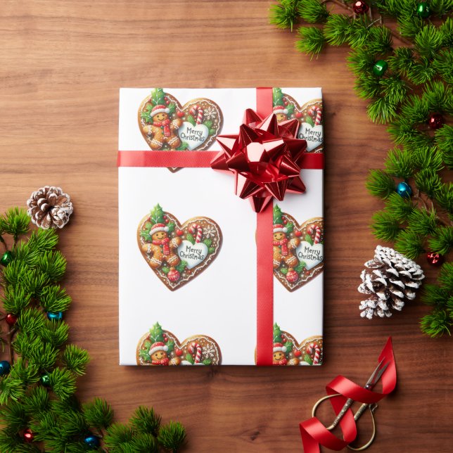 Papel De Presente Coração de Biscoitos de Rosquinha de Natal Feliz (Presente de Natal)