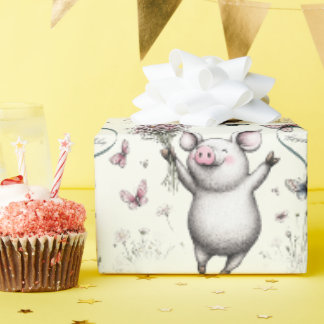 Papel De Presente Coração de Leitão Feliz Aniversário