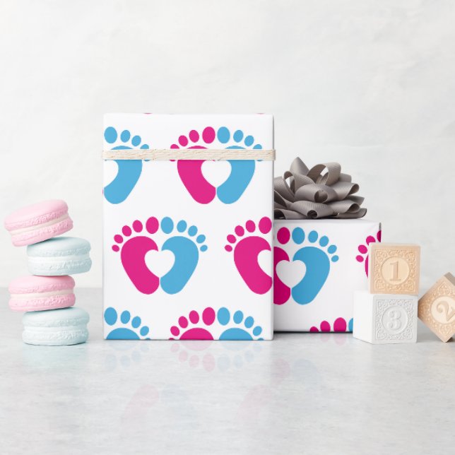 Papel De Presente Coração de Pegada de Bebê Rosa e Azul  (Chá de bebê)