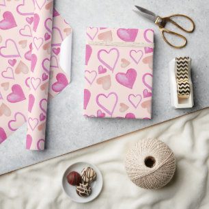 Papel De Presente Coração de São Valentim Rosa Aquarela Pintado à Mã
