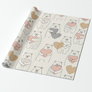 Papel De Presente Coração de Urso Polar Escandinavo em Creme e Azul