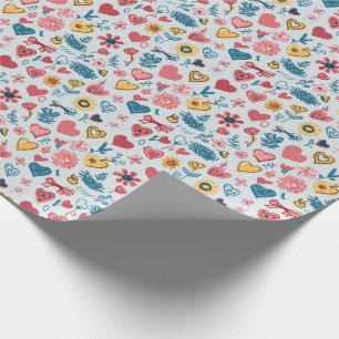 Papel De Presente Coração e Flores de Pastel Crayon