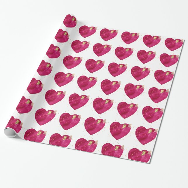 Papel de Presente Coração em Aquarela Rosa e Borbo (Desenrolado)
