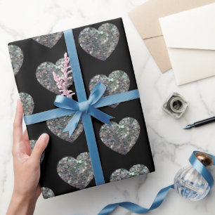 Papel De Presente Coração mosaico prateado brilhante padrão preto