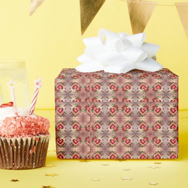 Papel De Presente Coração Romântico e Design de Rosa (Festa de aniversário)