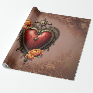 Papel De Presente Coração Steampunk com Flores