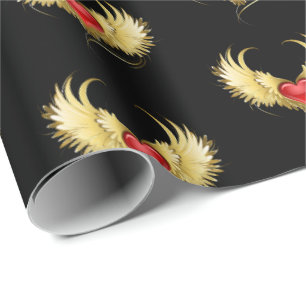 Papel De Presente Coração Vermelho com Asas Ouros