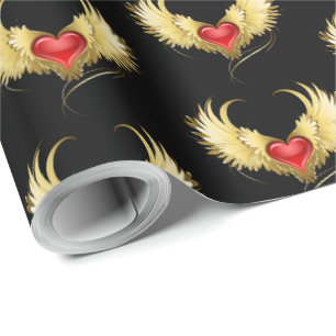 Papel De Presente Coração Vermelho com Asas Ouros