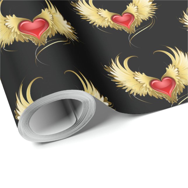 Papel De Presente Coração Vermelho com Asas Ouros (Ponta do rolo)