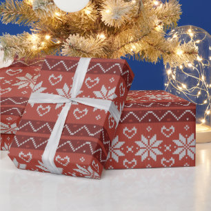 Papel De Presente Coração Vermelho do Knit Escandinavo de Natal Fe