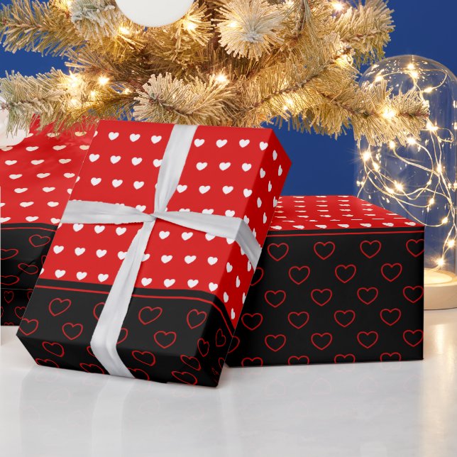 Papel De Presente Corações Adoráveis, Cores Vermelhas, Brancas e Neg (Feriados)