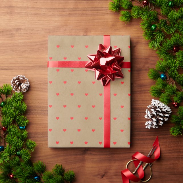 Papel De Presente Corações Bonitos e Pequenos em Beige Kraft (Presente de Natal)