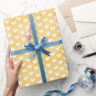 Papel De Presente Corações Brancos em Linho Amarelo Mostarda