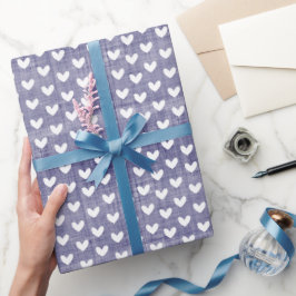 Papel De Presente Corações Brancos em Linho Azul Marinho