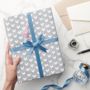 Papel De Presente Corações Brancos em Linho Cinza