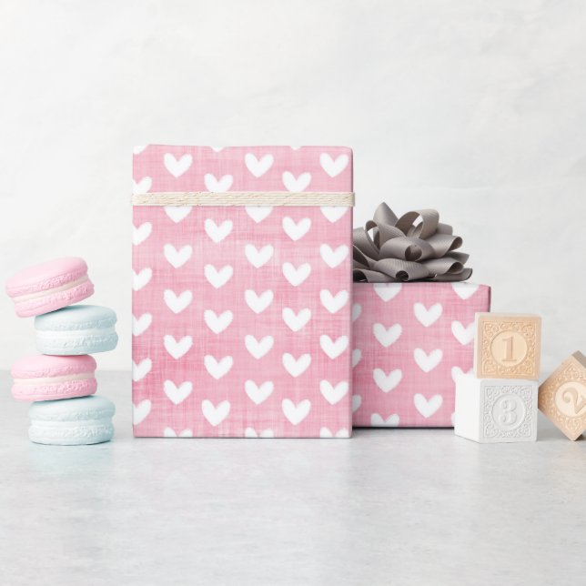 Papel De Presente Corações Brancos em Linho Rosa (Chá de bebê)