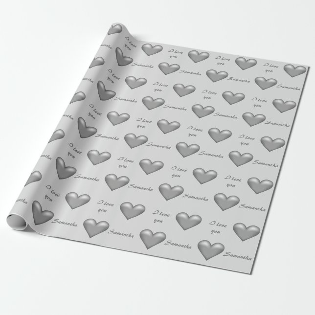 Papel De Presente Corações cinzas e texto personalizado 'Eu amo você (Desenrolado)