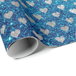 Papel De Presente Corações Cinzas Silver Turquesa Oceano Azul