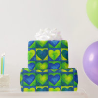 Corações com Abstrato Verde Azul Pintado com Aquar