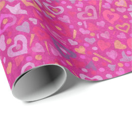 Papel De Presente Corações com Padrões de Colagem Rosa Fuchsia Magen
