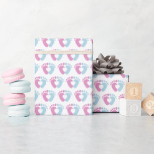 Papel De Presente Corações com Pegadas de Bebê em Rosa e Azul