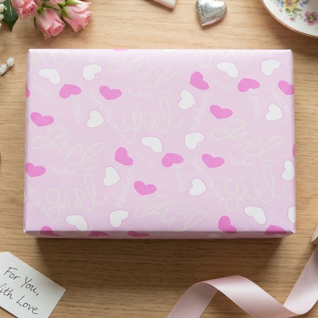 Papel De Presente Corações de Amor Rosa Pastel (Sweet pink candy hearts all over. Perfect for Valentine, birthdays, or baby showers. Girly and fun.)