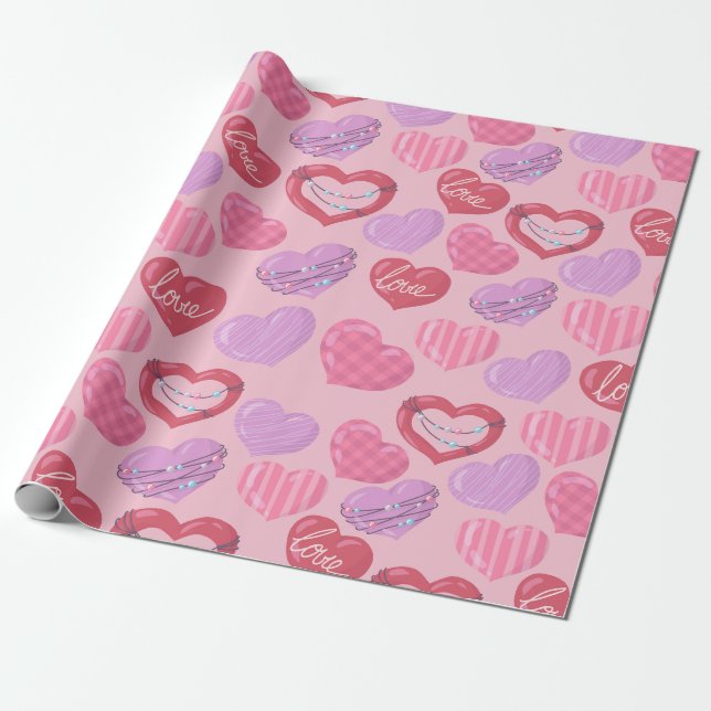 Papel De Presente Corações de Amor Rosa, Vermelho e Roxo (Desenrolado)